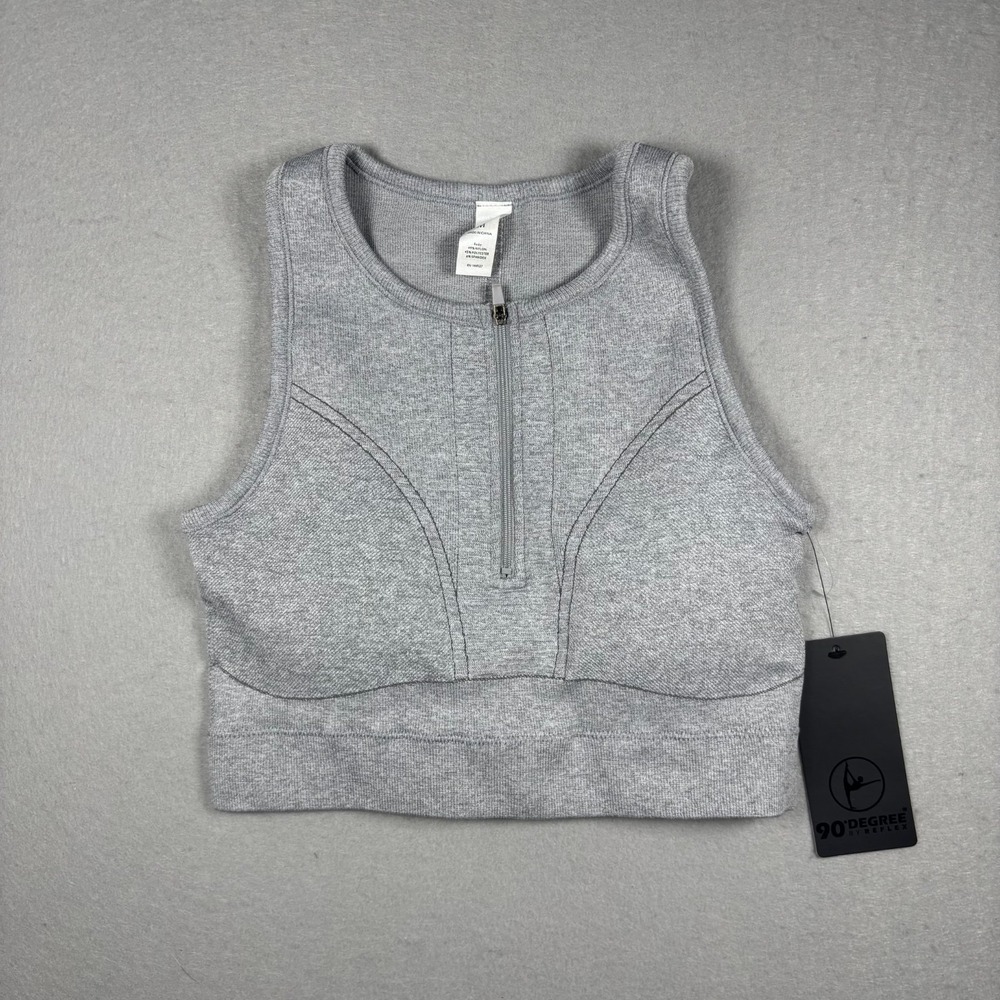 90 Degree by Reflex Sports Bra Medium M NWT Gray Seamless Ribbed Zip Front New